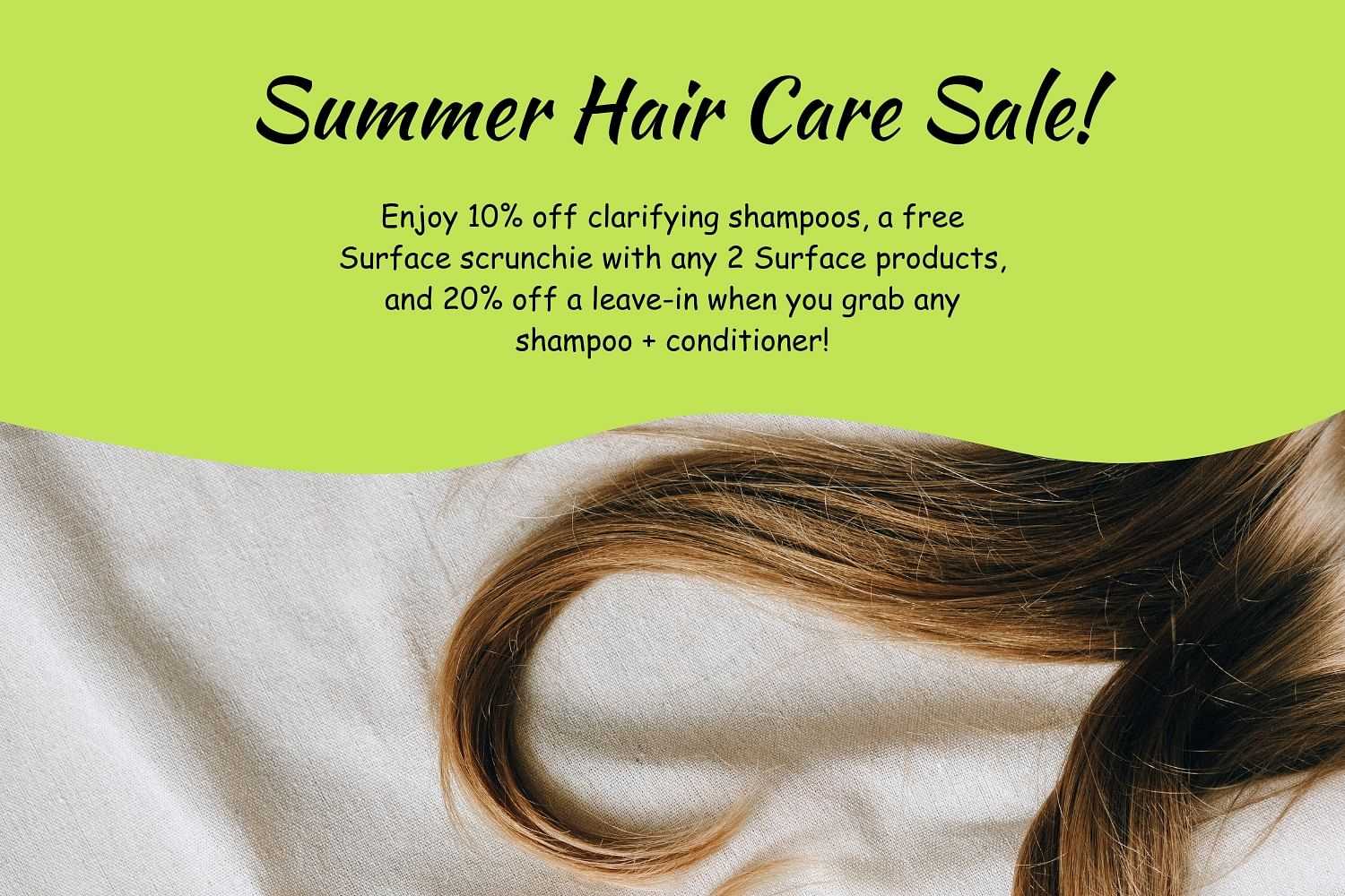 Summer Hair Care Sale with discounts, free scrunchie, and special offers on hair products.