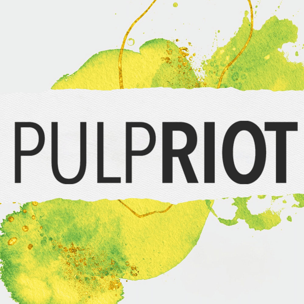 PULPRIOT text over abstract green and yellow watercolor splashes on a white background.