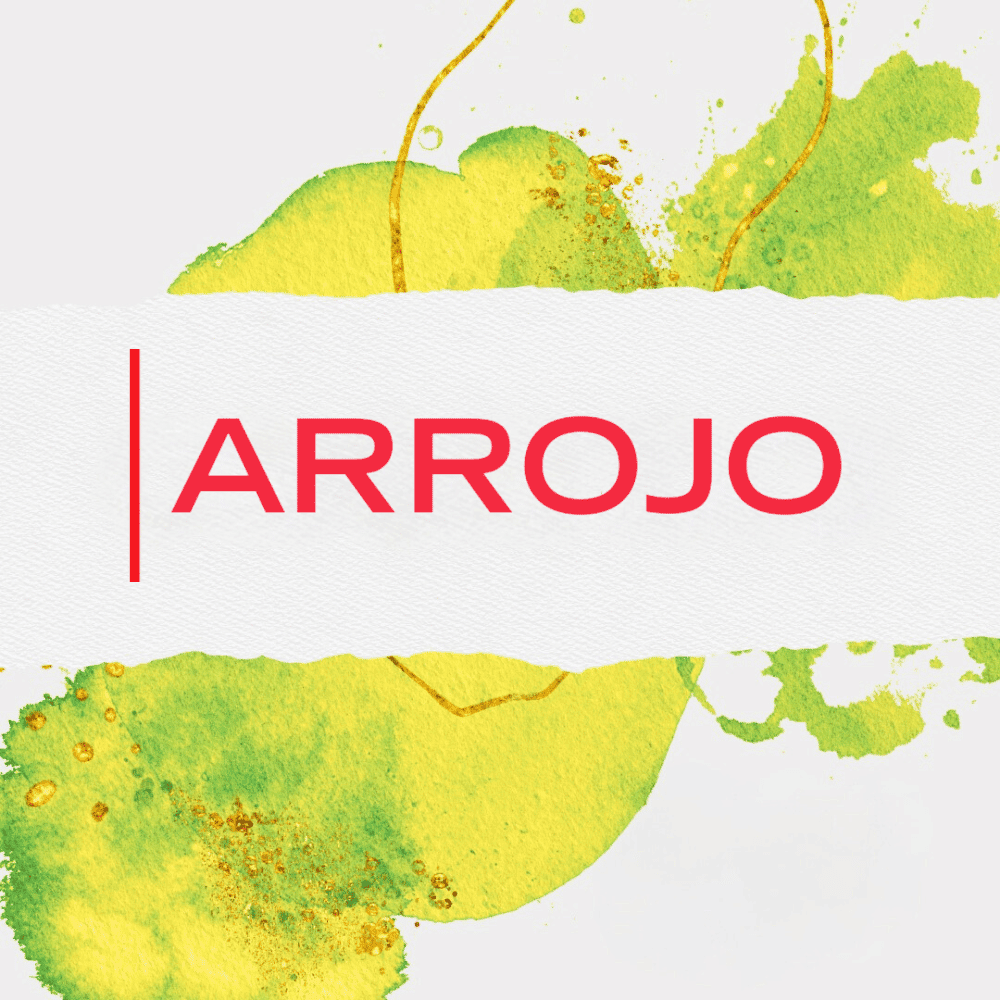 ARROJO logo with bold red text on a textured white background, over green and yellow watercolor.