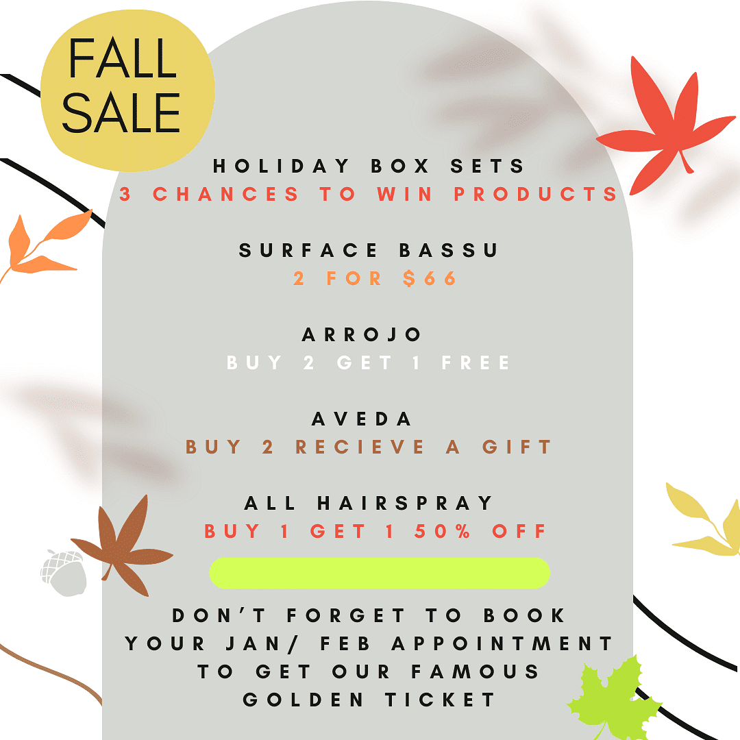 Fall Sale Poster: Discounts on holiday box sets, beauty products, plus book appointments for prizes.