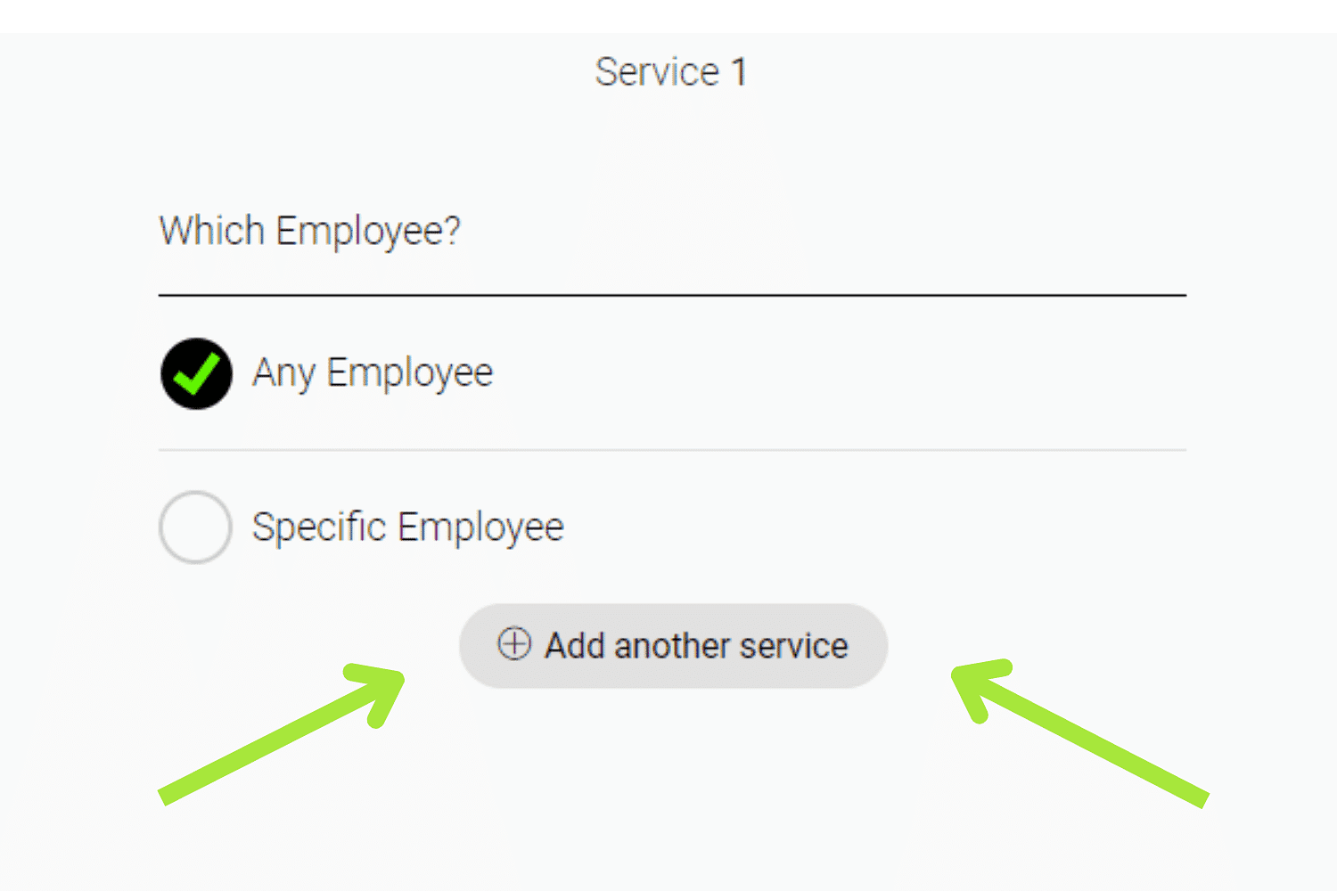 Service selection interface with options for any employee or specific employee and a button to add service.