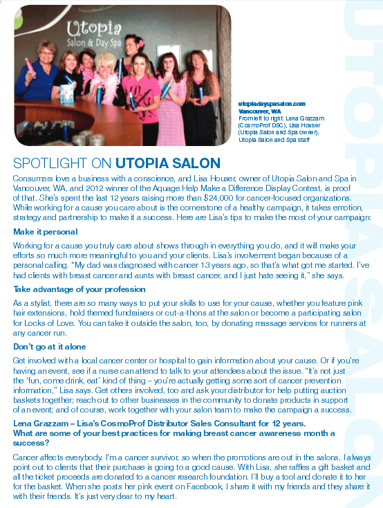 A group of stylists at Utopia Salon posing together with text about their philanthropic efforts.