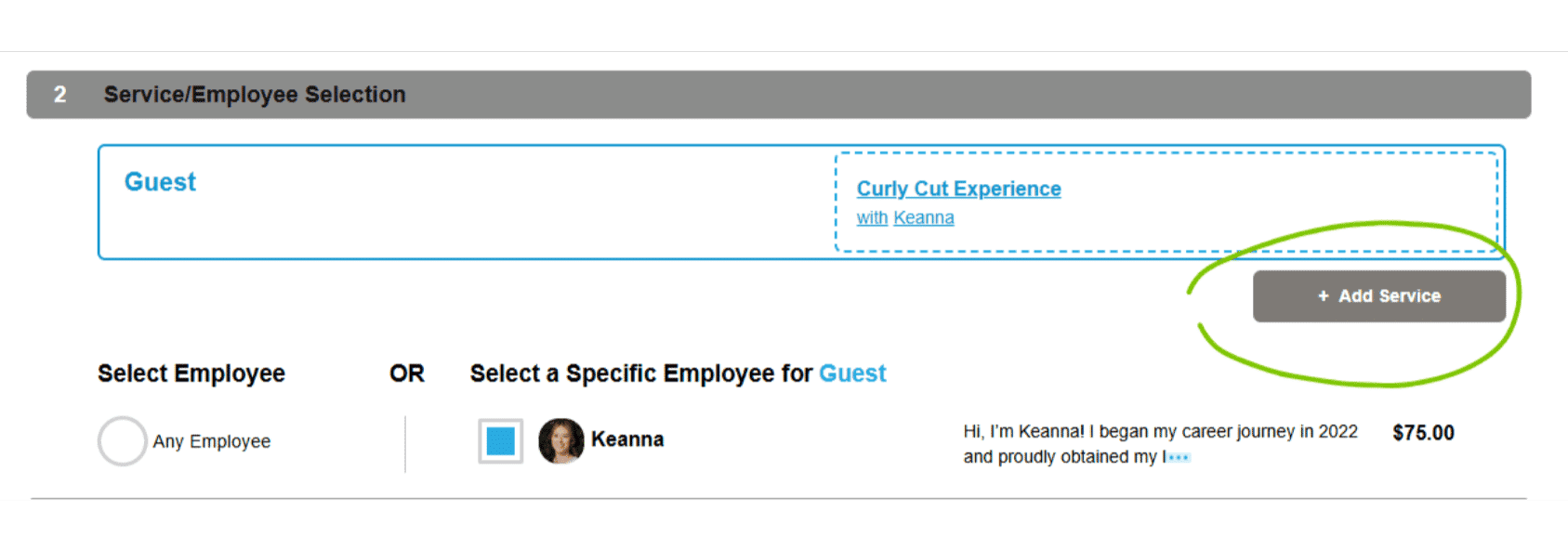 Service booking page with employee selection and "Add Service" button.