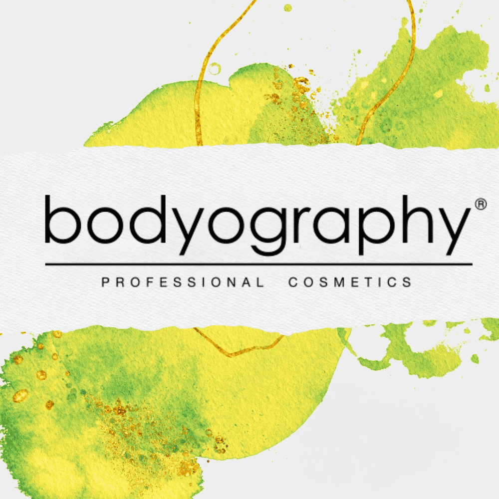 Bodyography Professional Cosmetics logo with vibrant green and yellow watercolor splashes.