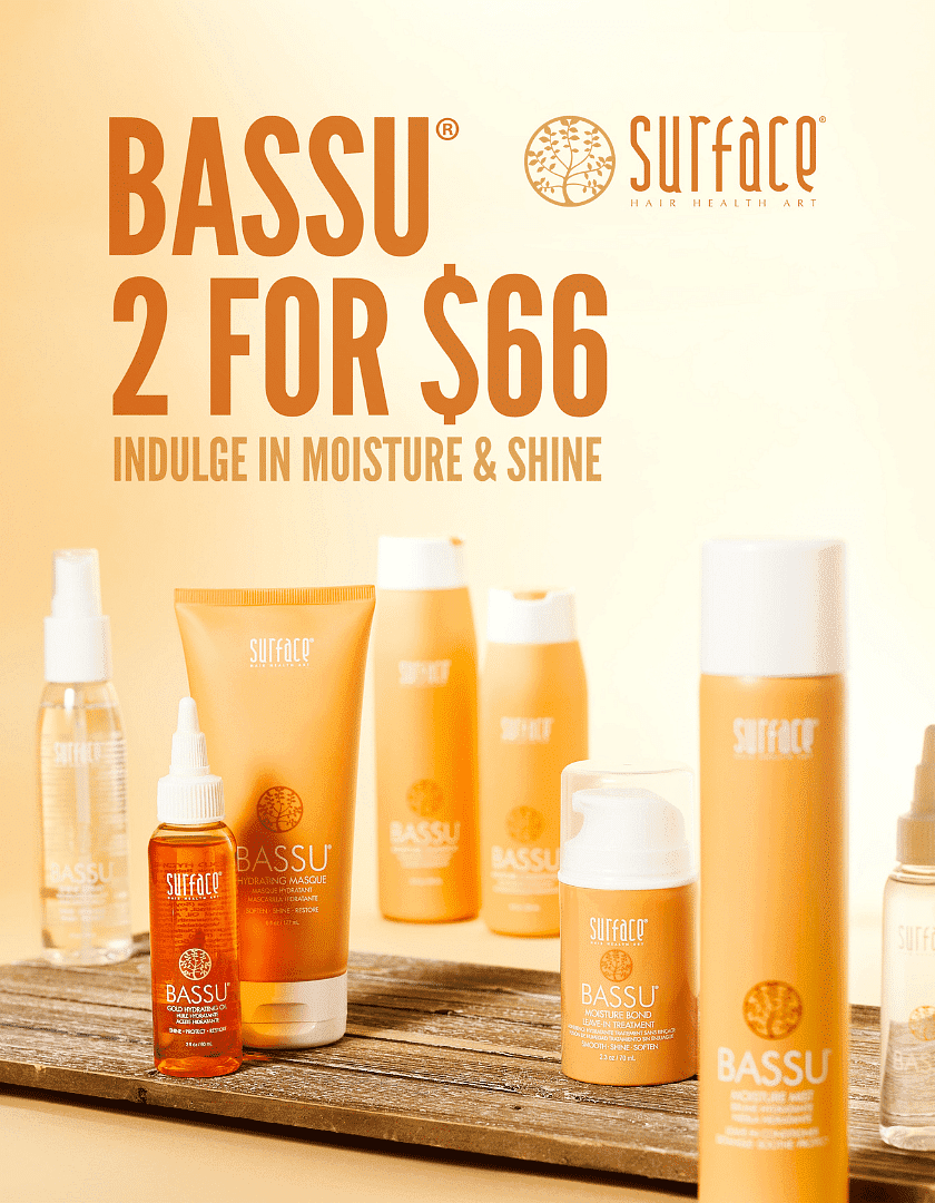 Bassu hair care products on display with text: "2 for $66. Indulge in moisture & shine - Surface Hair Health Art.